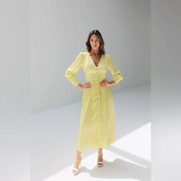 Olivia Rubin Dahlia Midi Dress Yellow Long Sleeve Button